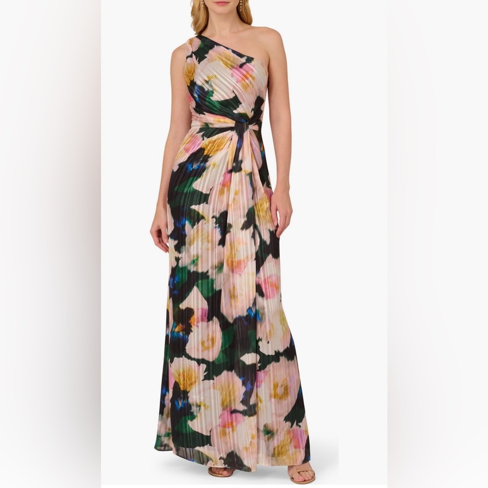 Gorgeous Adrianna Papell One Shoulder Pleated Chiffon Gown
